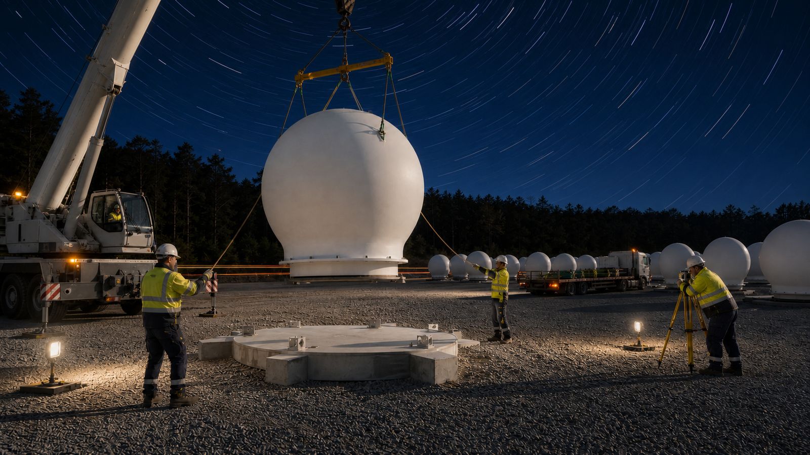 Radome lifted into place at night under star trails