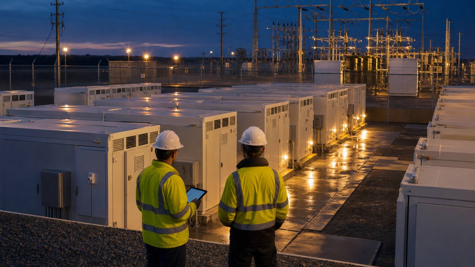 Battery energy storage containers and substation at dusk