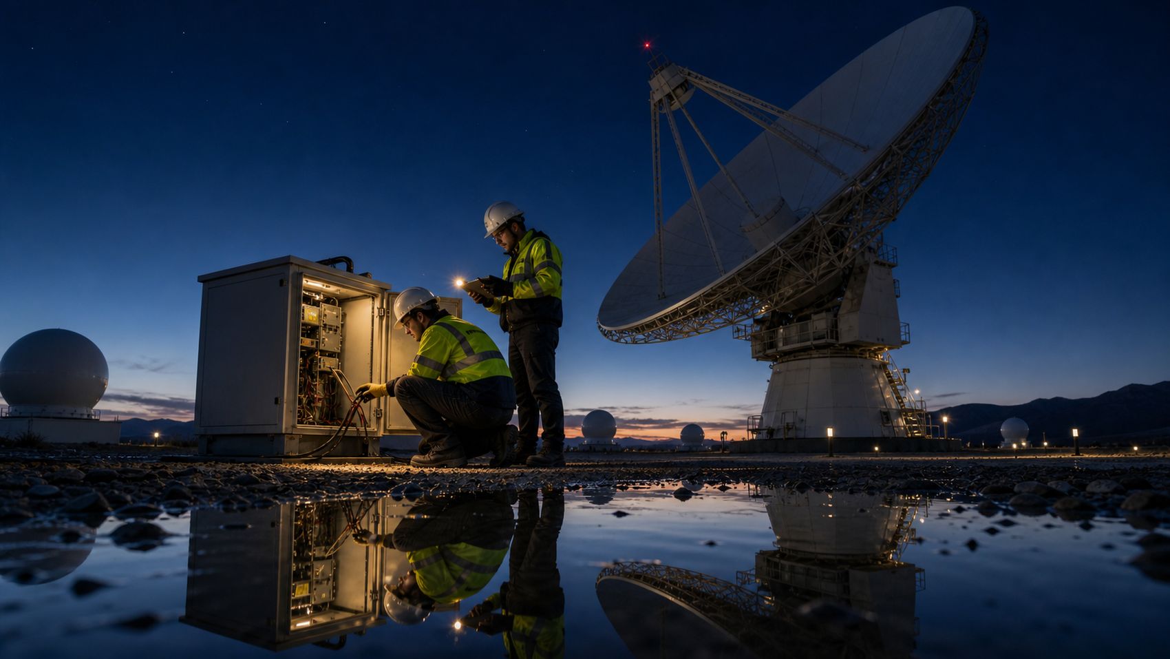 Technicians working a site cabinet at night