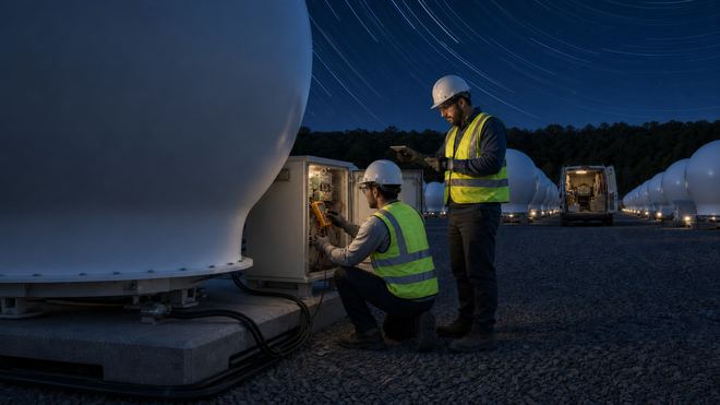 Technicians commissioning equipment at night