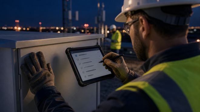 Technician working a commissioning checklist on site