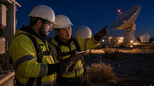 Technicians surveying a ground station at night