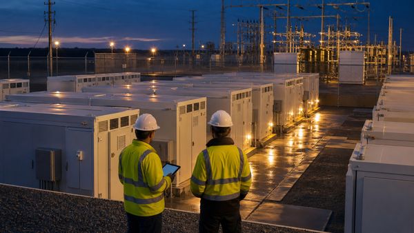 Grid-scale battery energy storage facility at dusk