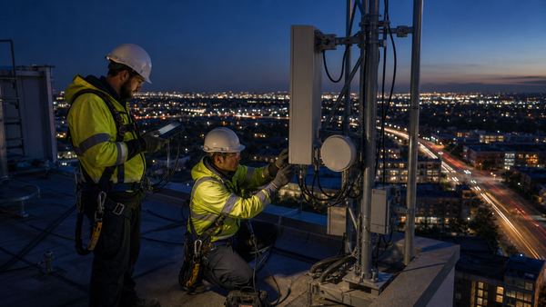 Technicians installing rooftop network equipment above a city