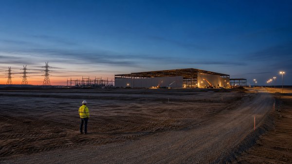 Data center and powered land site at dusk